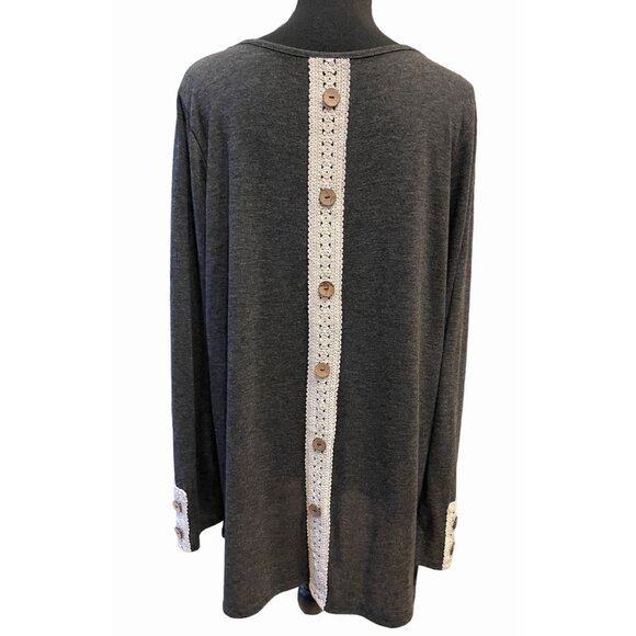ladies charcoal tunic 3X A-line button lace crochet detail boho long sleeve - Picture 4 of 8